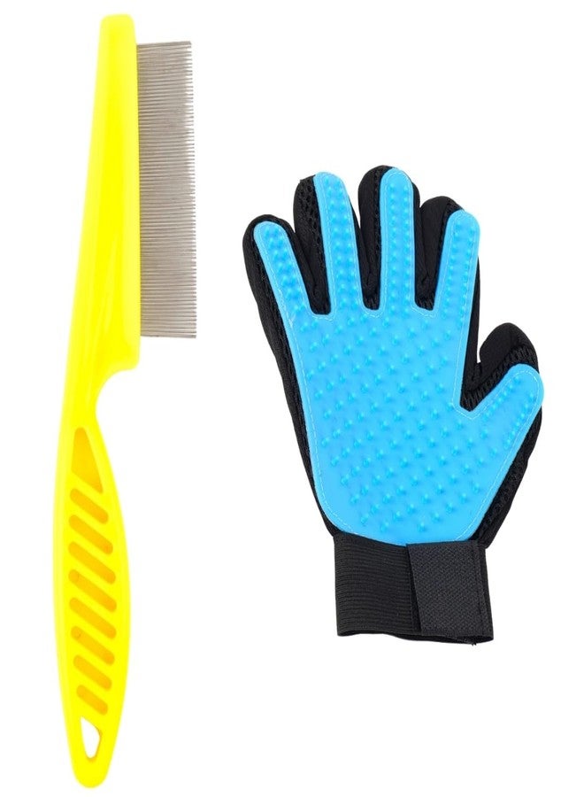 مجموعة العناية بالحيوانات الأليفة الاحترافية من بيت جرومر، قفاز أزرق لإزالة الشعر الزائد مع مشط أصفر للبراغيث للكلاب، طقم أدوات إزالة شعر الحيوانات الأليفة من قطعتين (عبوة من قطعتين) - Image 1